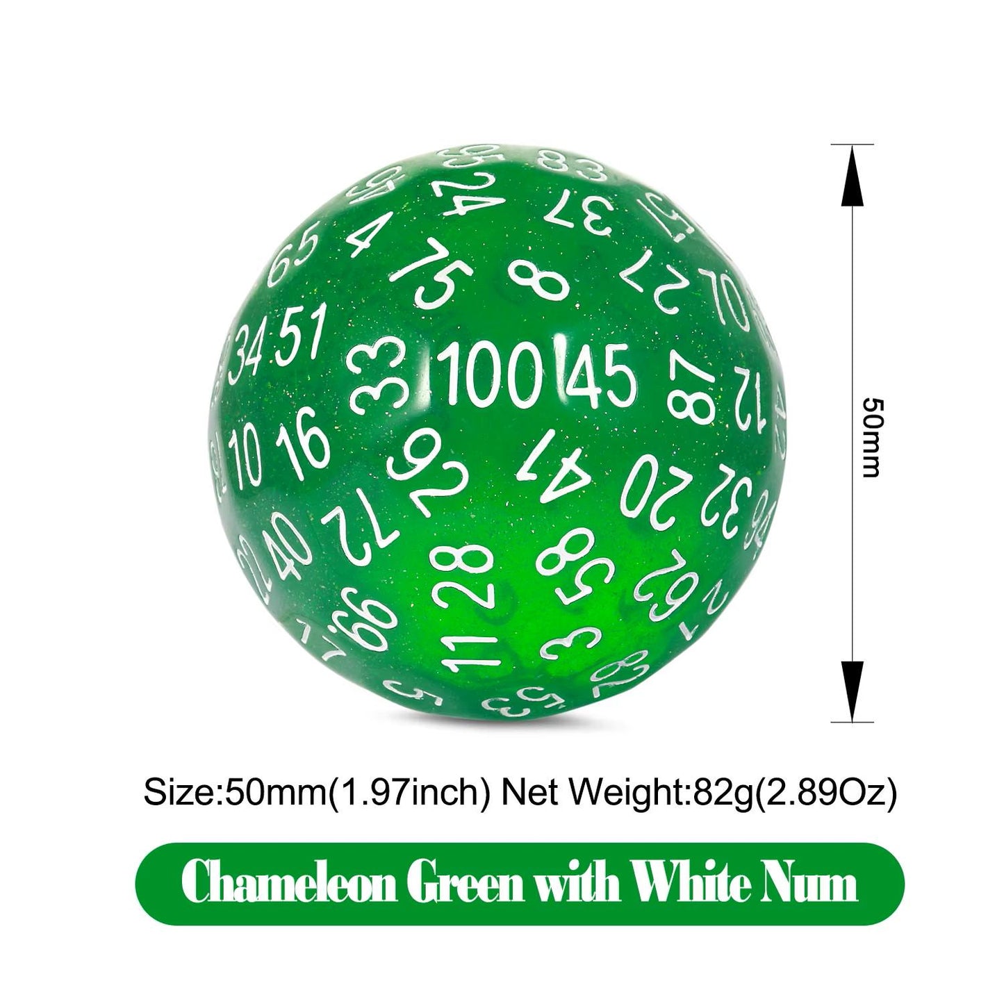 DragonSteel MD D100 Resin Dice (Translucent Green Glitter)